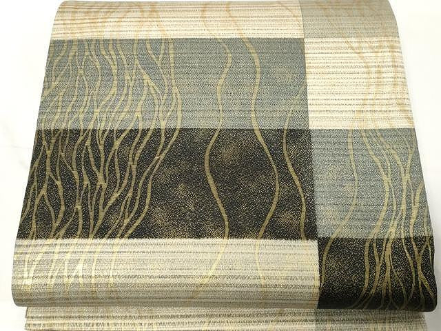 平和屋着物▽スリーシーズン 春夏秋 両面 六通柄袋帯 市松文 金糸 正絹 逸品 CAAX9422yk