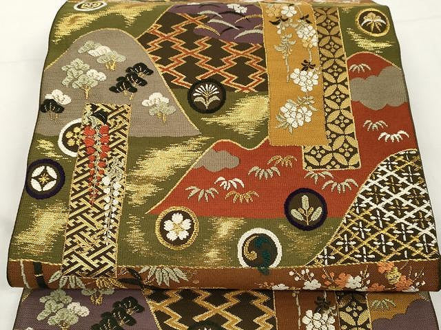 平和屋着物●六通柄 本袋帯 唐織 遠山短冊 金糸 正絹 逸品 CAAX9477yk