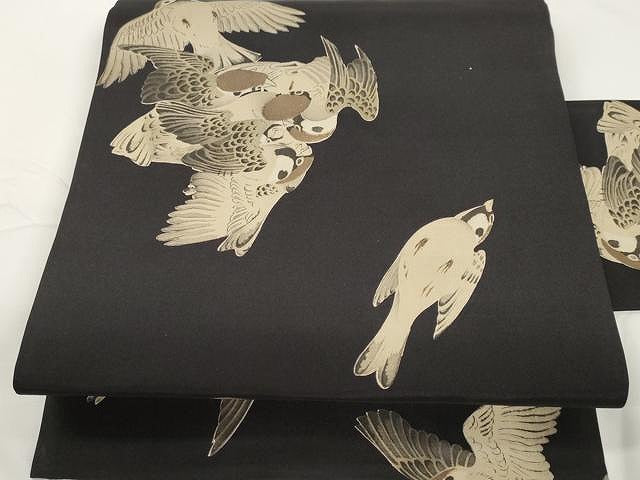 平和屋着物●創作 九寸名古屋帯 雀文 黒地 正絹 逸品 CAAX9478yk