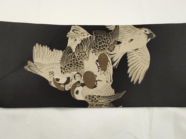 平和屋着物●創作 九寸名古屋帯 雀文 黒地 正絹 逸品 CAAX9478yk