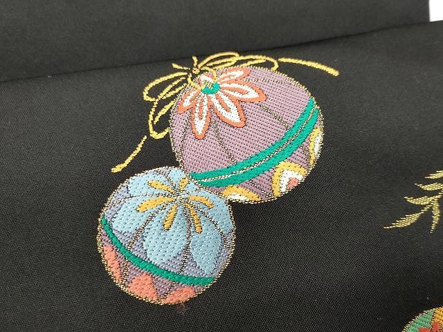 平和屋着物●九寸開き名古屋帯 唐織 毬鞠遊び 黒地 金糸 正絹 逸品 CAAX9567yk