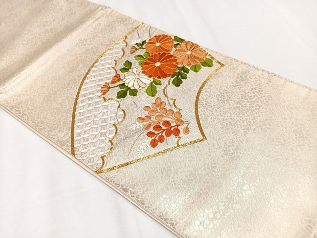 平和屋着物◎太鼓柄袋帯 総刺繍 駒刺繍 地紙花文 銀糸 正絹 逸品 CAAX9817xe