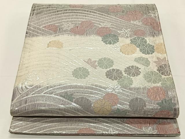 平和屋着物◎六通柄袋帯 流水花文 銀糸 正絹 逸品 CAAY0972qv