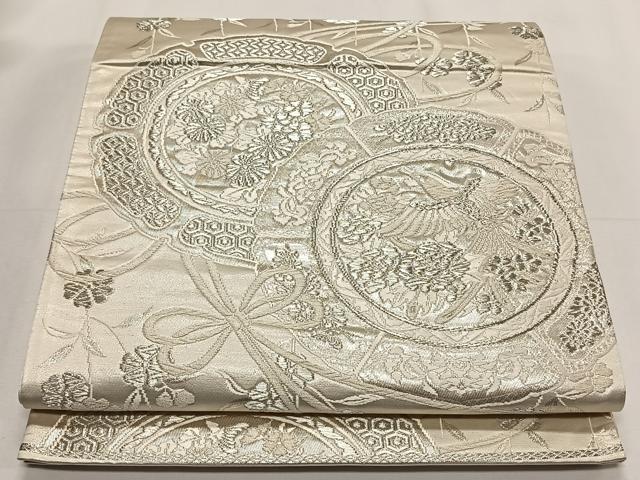 平和屋着物◎六通柄袋帯 唐織 美保姿 鏡裏花蝶文 銀糸 正絹 逸品 CAAY0988qv