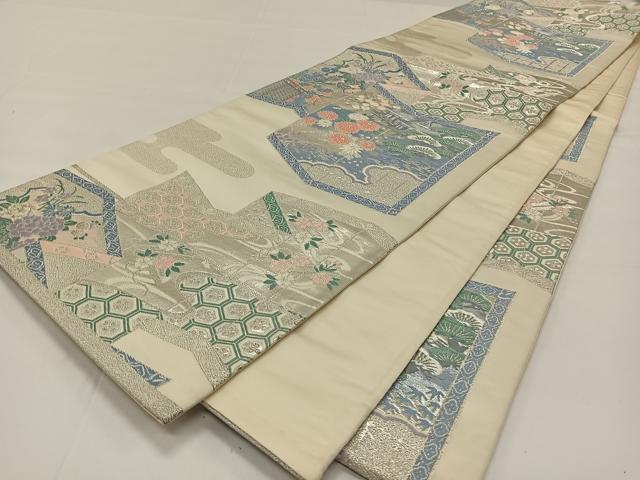 平和屋着物◎六通柄袋帯 唐織 屏風風景花文 銀糸 正絹 逸品 CAAY1156qv