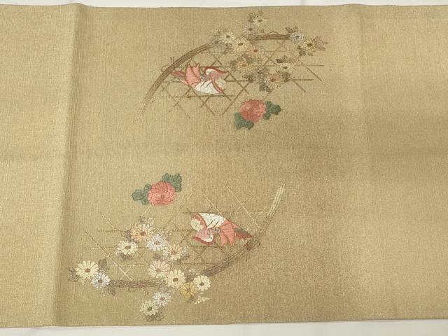 平和屋着物◎太鼓柄袋帯 刺繍 御所車花鳥文 金銀彩 正絹 逸品 CAAY2142in