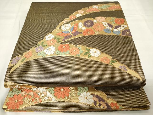 平和屋着物◎本佐賀錦 六通柄袋帯 唐織 露芝菊花文 黒地 金糸 正絹 逸品 CAAY2186in