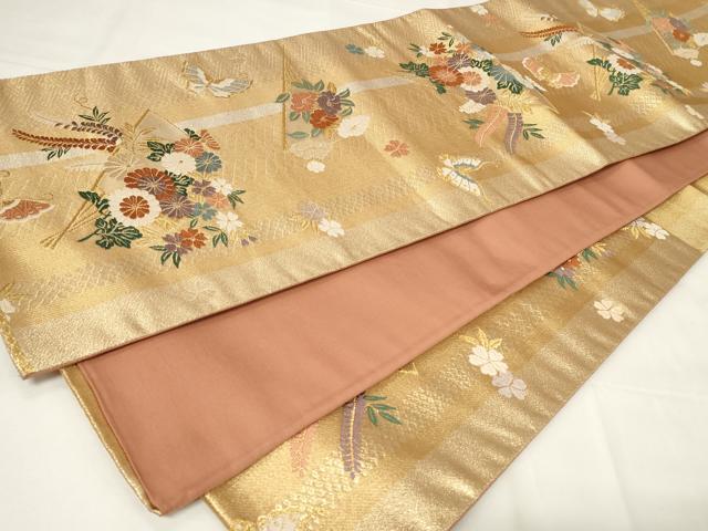 平和屋着物◎六通柄袋帯 唐織 扇面花蝶文 金糸 正絹 逸品 CAAY2199in