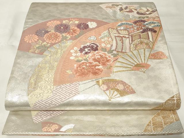 平和屋着物◎六通柄袋帯 唐織 扇面御所車花鳥文 金銀糸 正絹 逸品 CAAY2209in