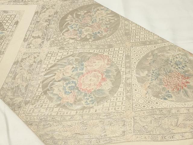 平和屋着物◎六通柄袋帯 唐織 天井草花丸文 銀糸 正絹 逸品 CAAY2228in