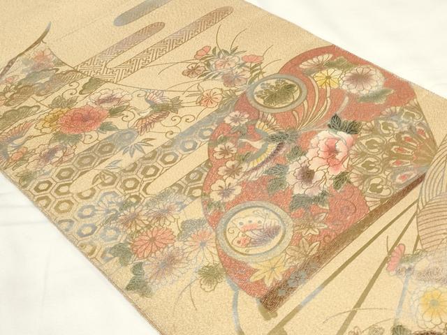 平和屋着物◎太鼓柄袋帯 扇面鳳凰花文 金銀彩 正絹 逸品 CAAY2242in