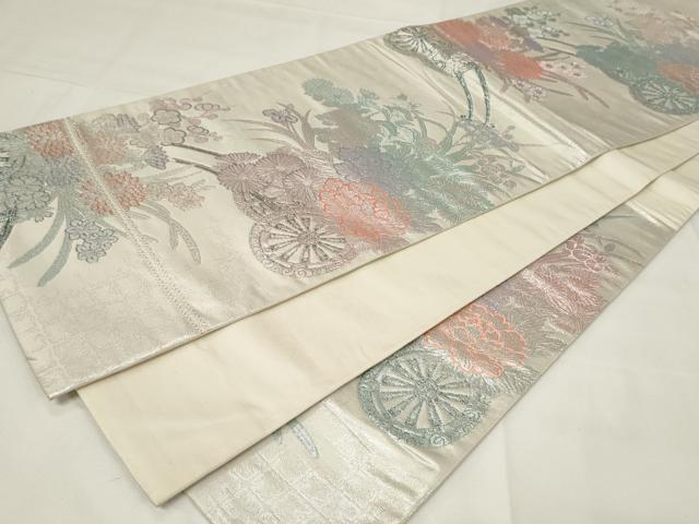 平和屋着物◎六通柄袋帯 九百プラチナ 花車文 正絹 逸品 CAAY2244in