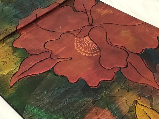 平和屋着物◎六通柄袋帯 草花文 黒地 金糸 正絹 逸品 CAAY2359in