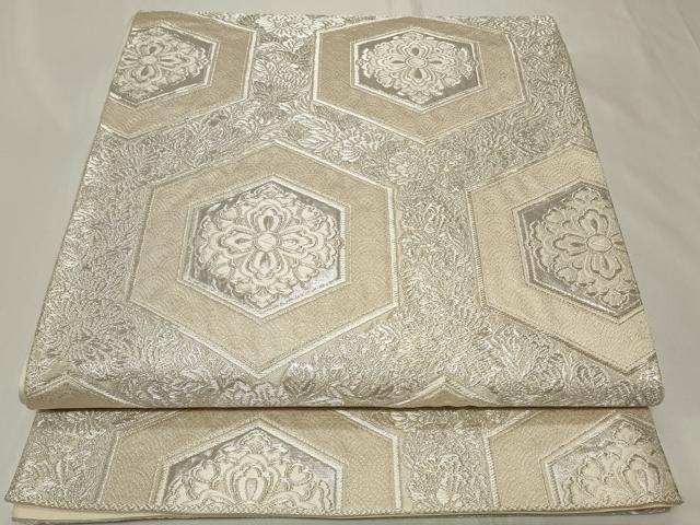 平和屋着物◎六通柄袋帯 唐織 亀甲花文 銀糸 正絹 逸品 CAAY2372in