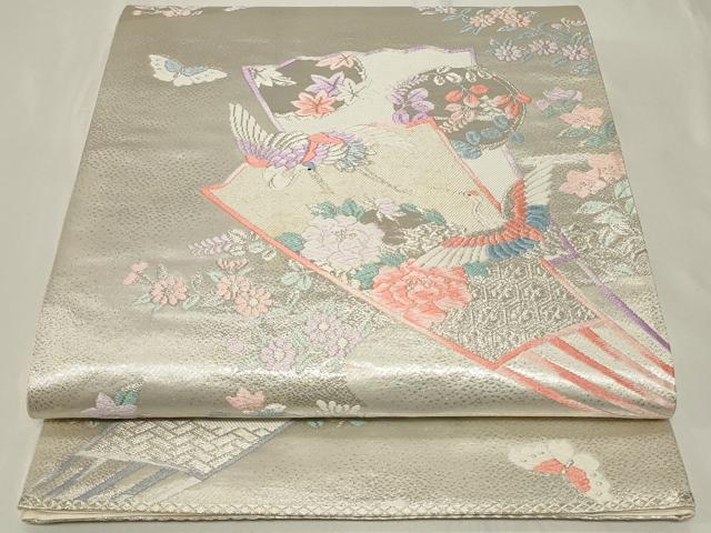 平和屋着物◎六通柄袋帯 唐織 扇面飛鶴花文 銀糸 正絹 逸品 CAAY2375in