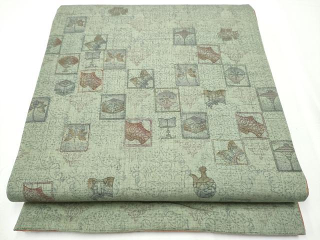 平和屋着物●両面 太鼓柄袋帯 紬地 陶器松文 金彩 正絹 逸品 CAAY2665hy