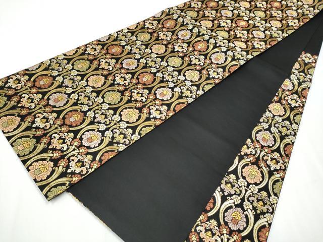 平和屋着物●六通柄袋帯 唐織 縦枠更紗花文 黒地 金糸 正絹 逸品 CAAY2690hy