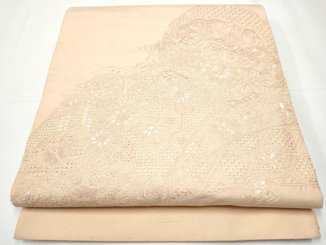 平和屋着物●中国三大刺繍 スワトウ相良刺繍 総刺繍 太鼓柄袋帯 紬地 雪輪草花文 洗柿色 正絹 逸品 CAAY2701hy