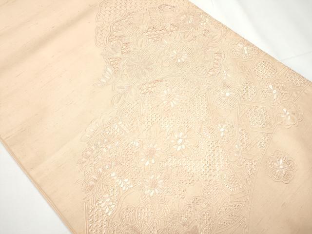 平和屋着物●中国三大刺繍 スワトウ相良刺繍 総刺繍 太鼓柄袋帯 紬地 雪輪草花文 洗柿色 正絹 逸品 CAAY2701hy