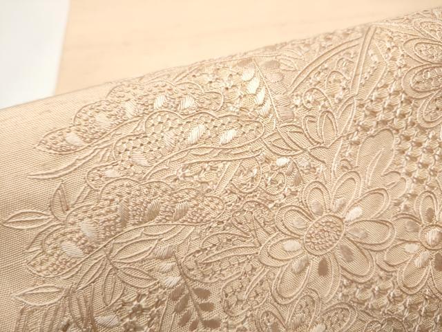 平和屋着物●中国三大刺繍 スワトウ相良刺繍 総刺繍 太鼓柄袋帯 紬地 雪輪草花文 洗柿色 正絹 逸品 CAAY2701hy