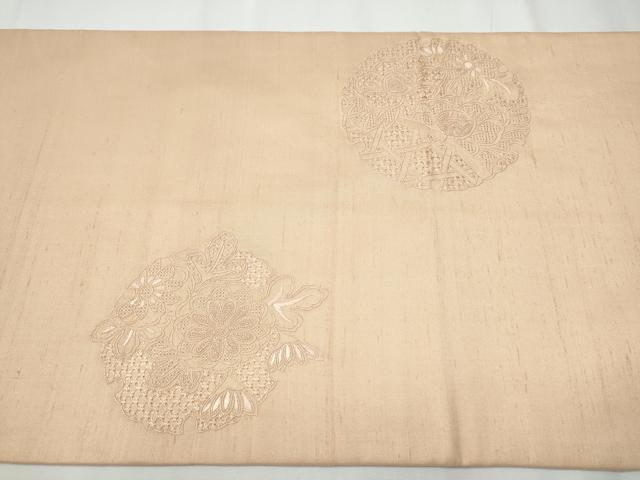 平和屋着物●中国三大刺繍 スワトウ相良刺繍 総刺繍 太鼓柄袋帯 紬地 雪輪草花文 洗柿色 正絹 逸品 CAAY2701hy