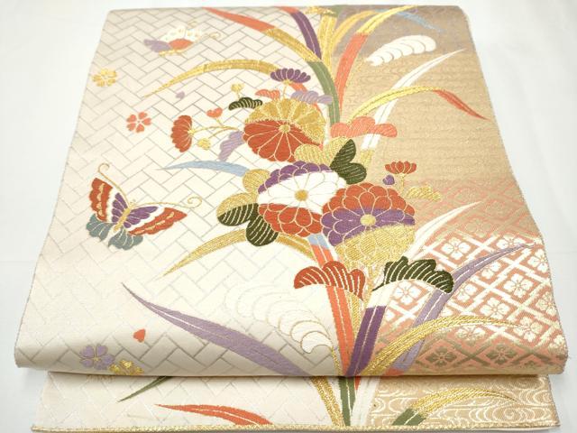 平和屋着物▼六通柄袋帯 唐織 能衣菊桐文 金糸 正絹 逸品 CAAY2731hy