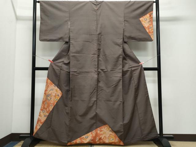 平和屋着物●訪問着 紬地 型染め 孔雀草花文 正絹 逸品 CAAY2877vf