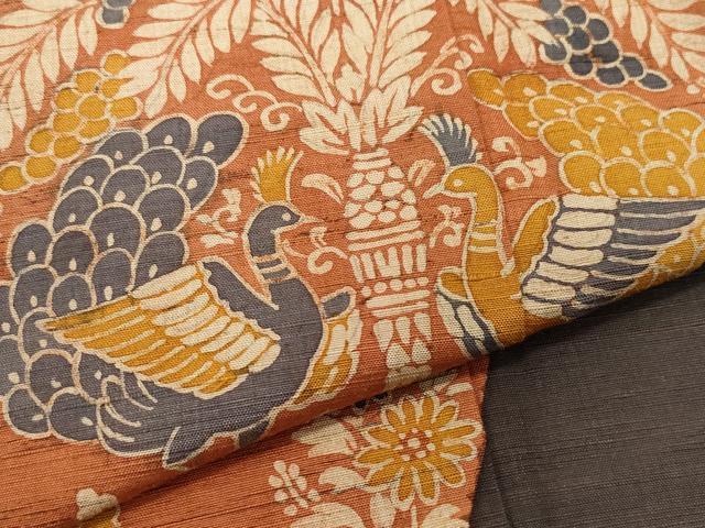 平和屋着物●訪問着 紬地 型染め 孔雀草花文 正絹 逸品 CAAY2877vf