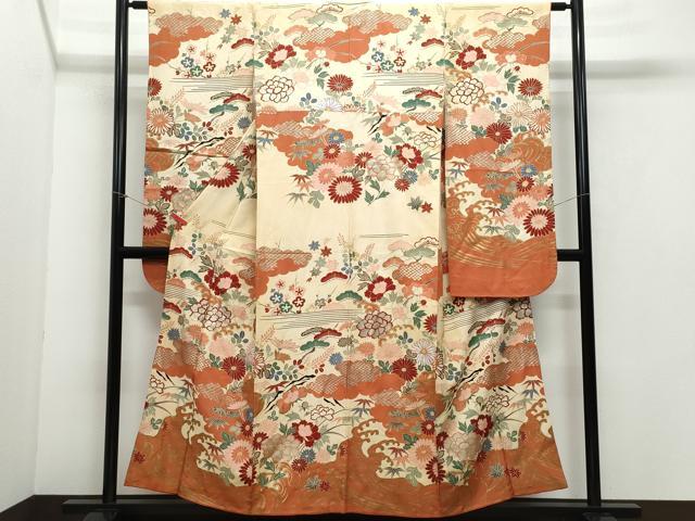 平和屋着物●セミアンティーク 振袖 草花文 金銀彩 正絹 逸品 CAAY3075vf