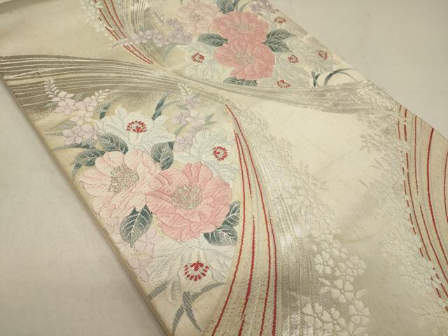 平和屋着物◎六通柄袋帯 唐織 草花文 銀糸 正絹 逸品 CAAY3240oy
