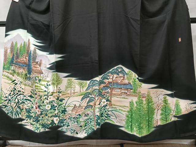 平和屋着物■豪華黒留袖 作家物 手描き 風景花文 正絹 逸品 CAAY3698xi
