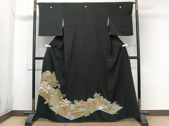 平和屋着物■豪華黒留袖 駒刺繍 風景文 金彩 正絹 逸品 CAAY3761xi