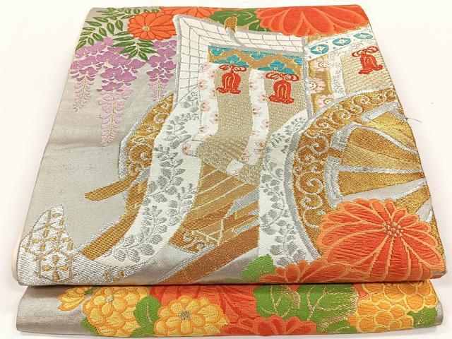 平和屋着物◎六通柄袋帯 御所車花文 藤花房 唐織 金銀糸 正絹 逸品 CAAY3853xi