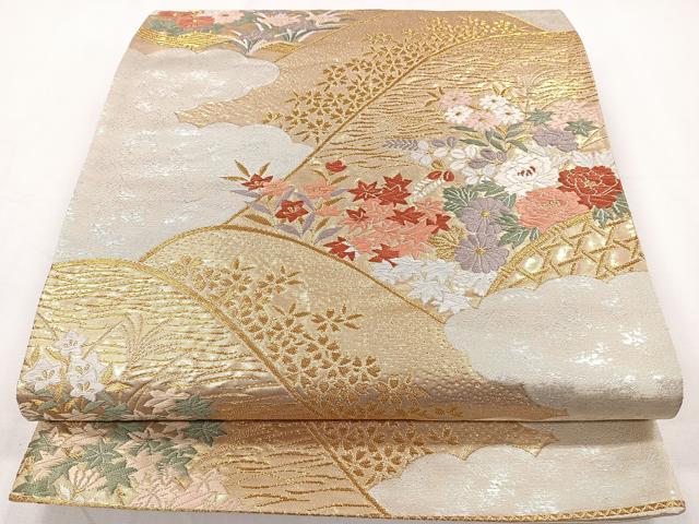 平和屋着物◎六通柄袋帯 唐織 遠山花文 金糸 正絹 逸品 CAAY3894xi