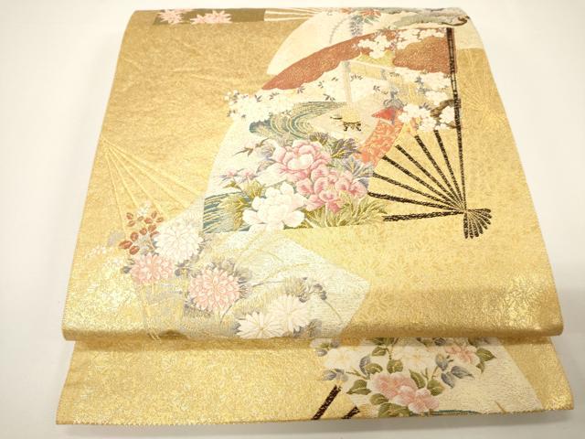 平和屋着物▼六通柄袋帯 唐織 扇面吉祥花文 金糸 正絹 逸品 CAAY4024ak