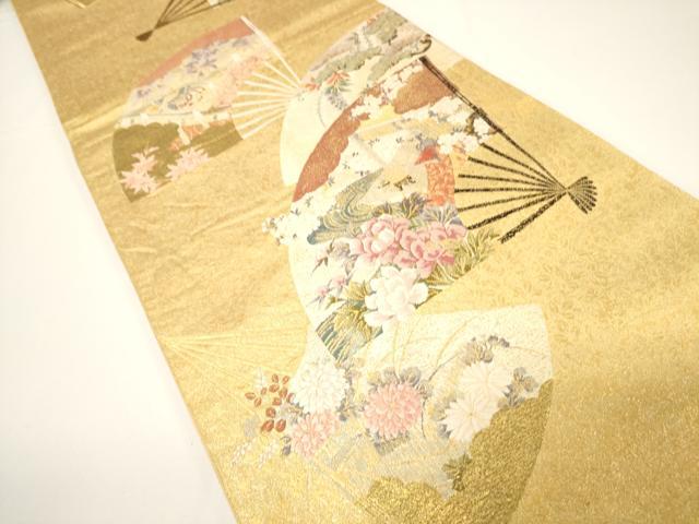 平和屋着物▼六通柄袋帯 唐織 扇面吉祥花文 金糸 正絹 逸品 CAAY4024ak