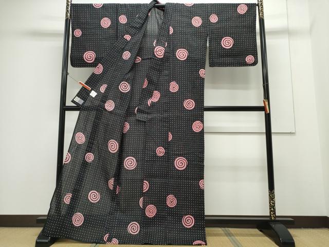 平和屋着物∴夏物 浴衣 渦巻文様 黒地 綿 逸品 CAAY4626ng