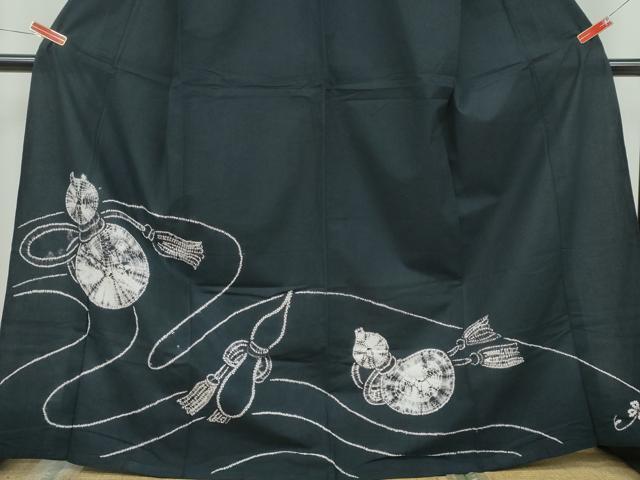 平和屋着物∴夏物 訪問着・浴衣兼用 絞り 瓢箪 黒地 綿 逸品 CAAY4665ng