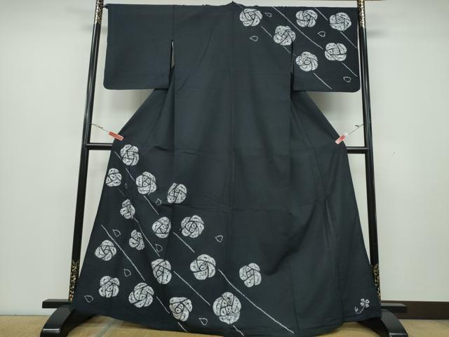 平和屋着物∴夏物 訪問着・浴衣兼用 絞り 薔薇 黒地 綿 逸品 CAAY4666ng