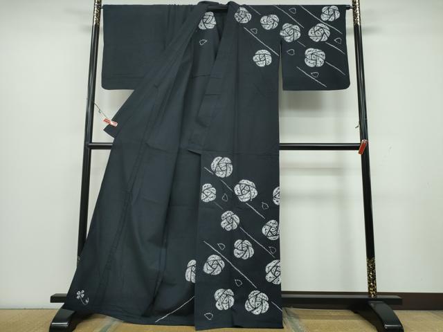 平和屋着物∴夏物 訪問着・浴衣兼用 絞り 薔薇 黒地 綿 逸品 CAAY4666ng