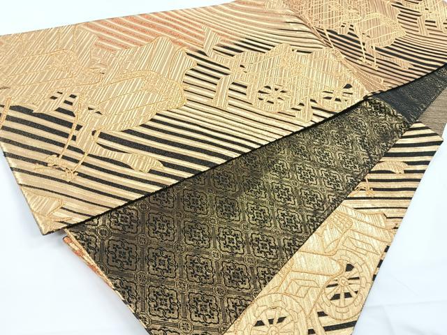 平和屋着物◎六通柄袋帯 斜縞御所車文 黒地 金糸 正絹 逸品 CAAY5227nb