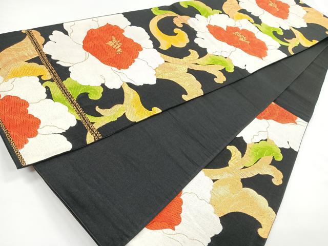 平和屋着物◎六通柄袋帯 牡丹文 黒地 金糸 正絹 逸品 CAAY5473nb