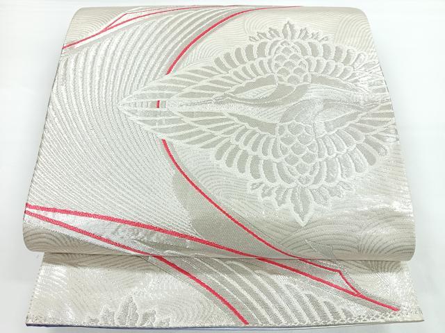 平和屋着物◎佐賀錦 両面 全通柄袋帯 向かい鶴菱文 銀糸 正絹 逸品 CAAY5512nb