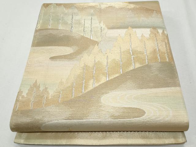 平和屋着物◎六通柄袋帯 流水遠山樹林文 銀糸 正絹 逸品 CAAY5823fb