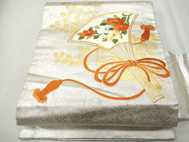 平和屋着物◎九寸名古屋帯 総刺繍 駒刺繍 扇面花文 正絹 逸品 CAAY5938fb