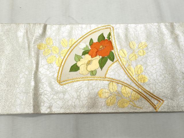 平和屋着物◎九寸名古屋帯 総刺繍 駒刺繍 扇面花文 正絹 逸品 CAAY5938fb