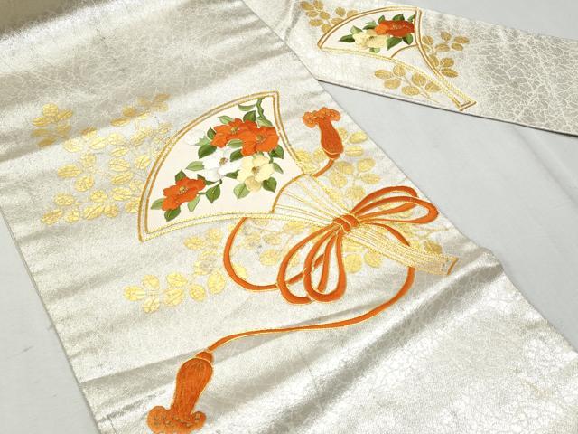平和屋着物◎九寸名古屋帯 総刺繍 駒刺繍 扇面花文 正絹 逸品 CAAY5938fb