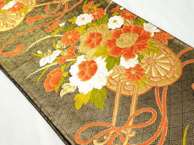 平和屋着物◎六通柄袋帯唐織 花車文 黒地 金糸 やまとオリジナル 正絹 逸品 CAAY5964fb