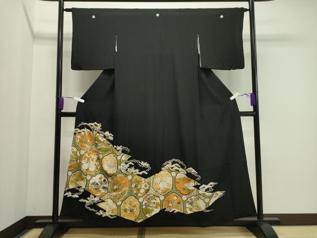 平和屋着物■豪華黒留袖 駒刺繍 御所車松竹梅文 金彩 正絹 逸品 CAAY6486gh