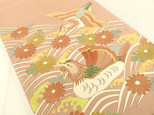 平和屋着物●太鼓柄袋帯 駒刺繍 立波鴛鴦菊文 金彩 引箔 正絹 逸品 未使用 CAAY6810vp